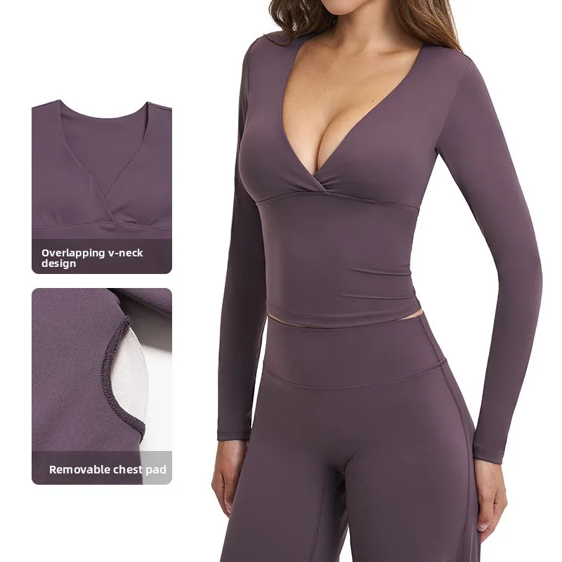 Yoga long-sleeved Top sexy V-neck yoga shirt Brushed Fabric outdoor running sports T-shirt women workout tops quick dry gym top