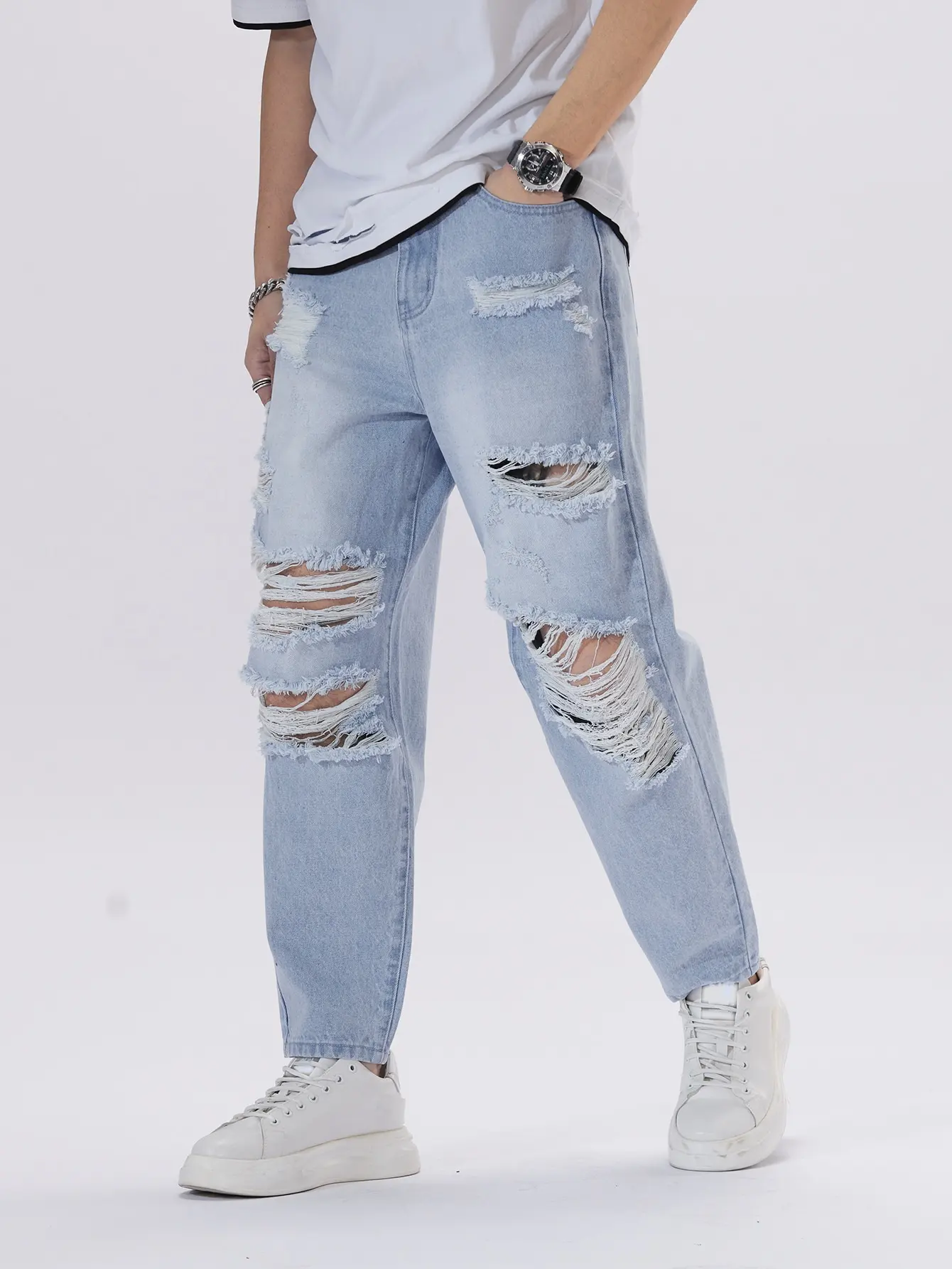 Men Light Blue Heavily Ripped Distressed Jeans Vintage Washed Loose Wide Leg Denim Pants Streetwear Destroyed Trousers