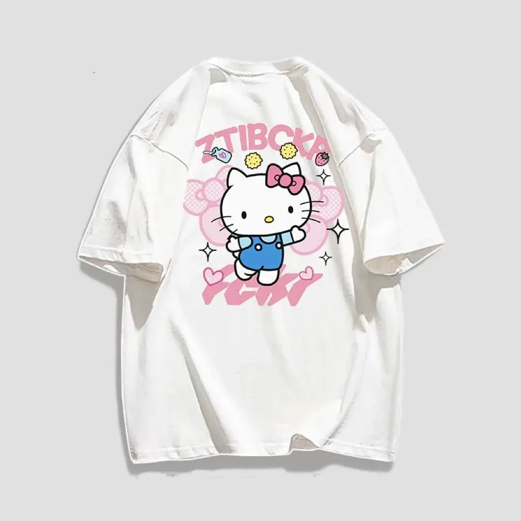 Caricature Styles Fashion Shirts Print Short Sleeve T-Shirts Women Clothing Hello Kitty T shirt For Women Tops Woman clothing