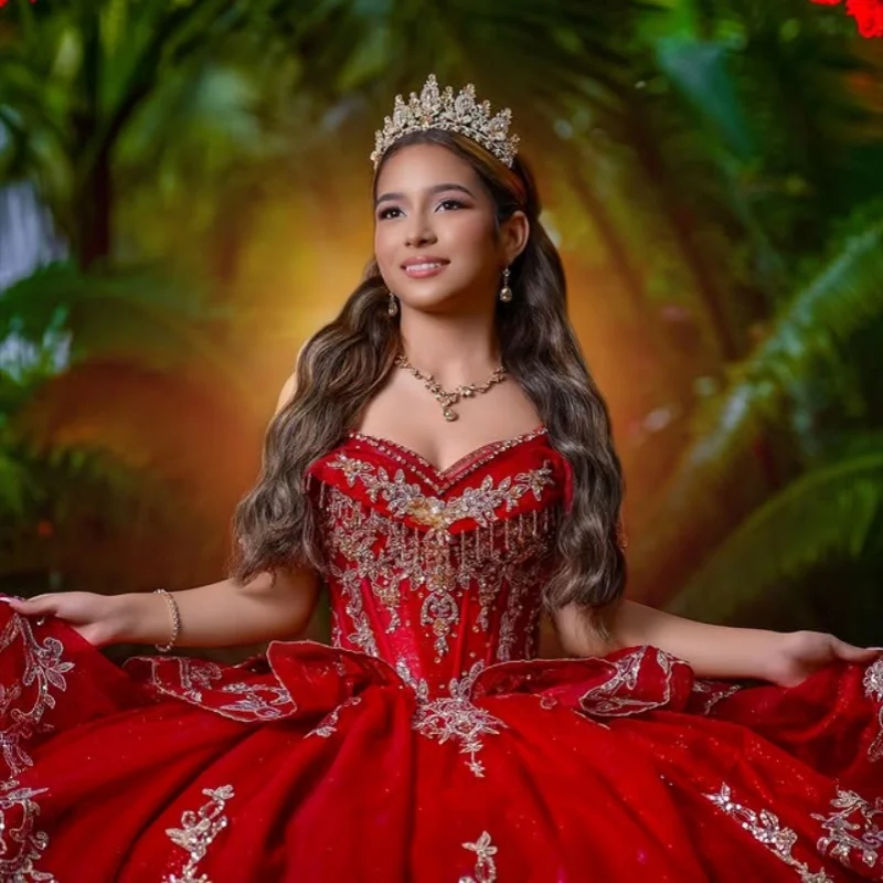 

Shiny Red Quinceanera Dress off-shoulder crystal Glitter Decal Long tail Bow Vestidos De 15 Quinceanera ﻿Customize