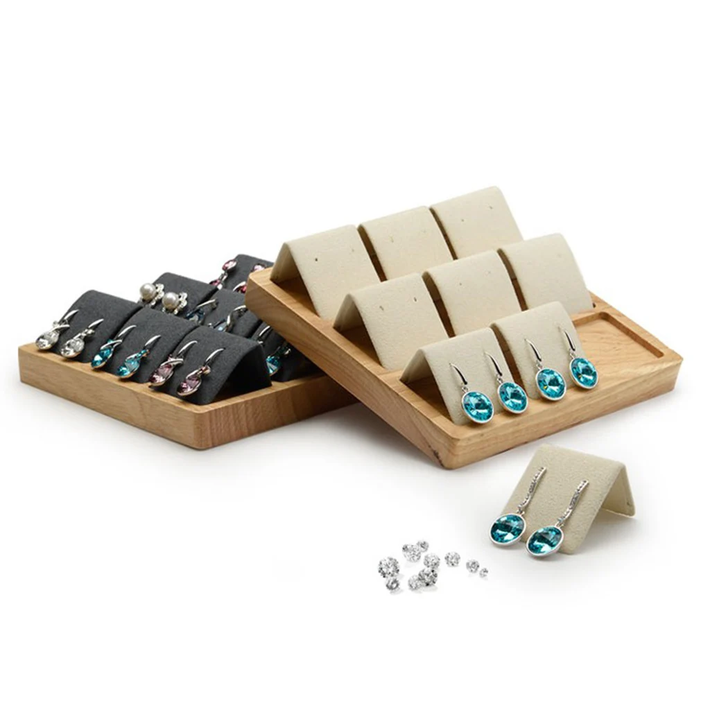 9 Pair Earring Display Stand Jewelry Shop Show Tray Natural Wood Stud Earring Display Stand Rack Earring Card Holder w/ Tray