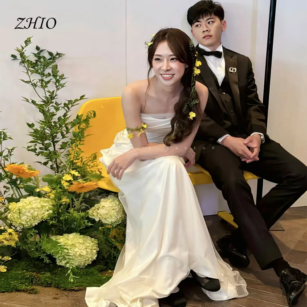 ZHIO Simple Pleat Wedding Dress Strapless Mermaid Satin with Tulle Korea Photo Shoot Bridal Reception Gown Customized 웨딩드레스