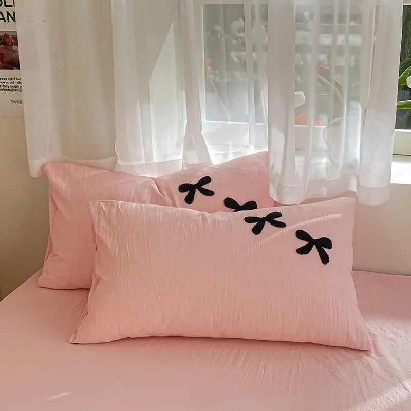 Prinses Strik Beddengoed Set Roze Dekbedovertrek Flat Laken Meisjes Effen Kleur Beddengoed Gewassen Katoenen Beddengoed Home