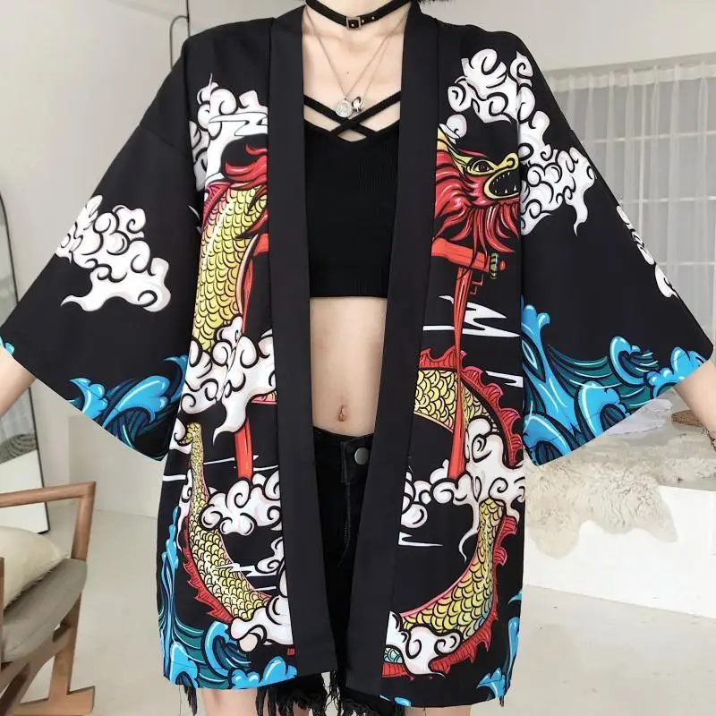 Year of the Dragon printed haori Qilin Harajuku style Chinese street fashion vintage couple cardigan three-quarter sleeve coat w