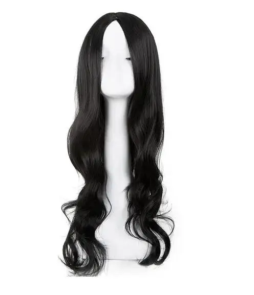 Wig hitam sintetis tahan panas keriting panjang kostum rambut garis bagian tengah cos-play pesta karnaval Halloween potongan rambut