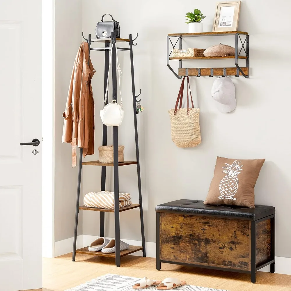 Coat rack with 3 shelves, scarf, bag and umbrella holder with hook, steel frame, industrial style