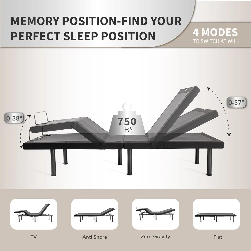 Queen Adjustable Bed Frame (Frames Only), Head & Foot Incline, 750lbs Lift Capacity, Quiet Motor, Wireless Remote Bed Frame