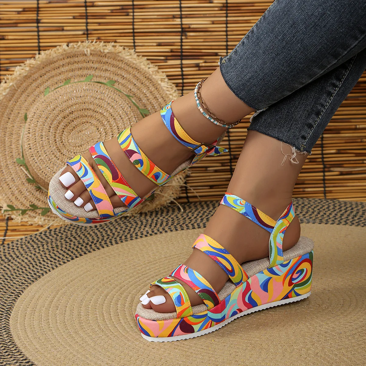 2024 European and American plus size high-top colored high-rise buckle sandals for women