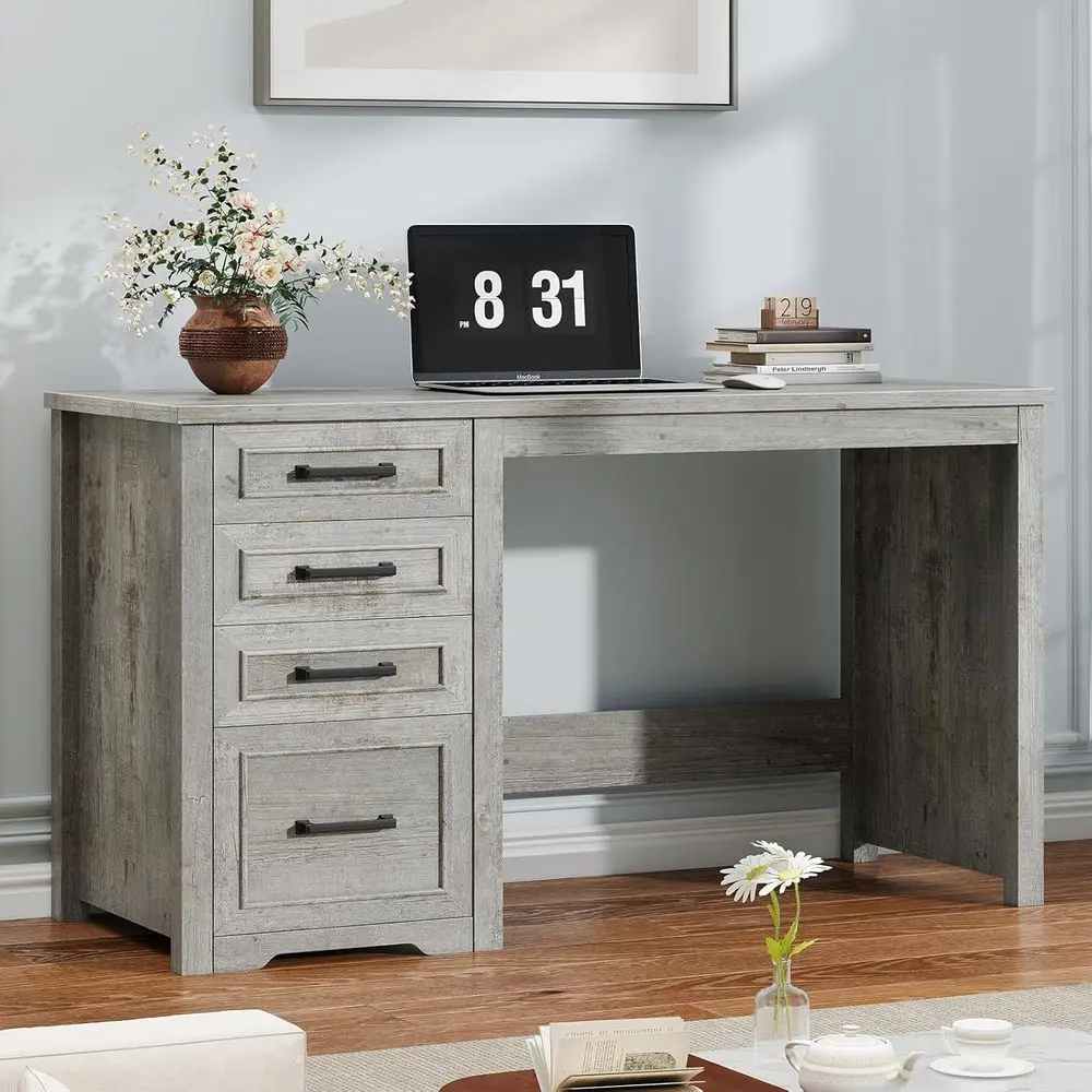 

49 Executive Desk with Drawers, Reversible Computer Desk with Storage, Rustic Writing Workstation for Home Office in Grey