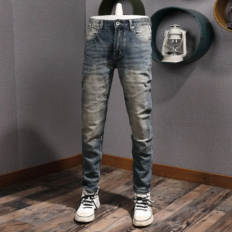 Fashionable new men's jeans, men's embroidered elastic slim fit slightly wrinkled jeans, Italian style designer retro washed blu