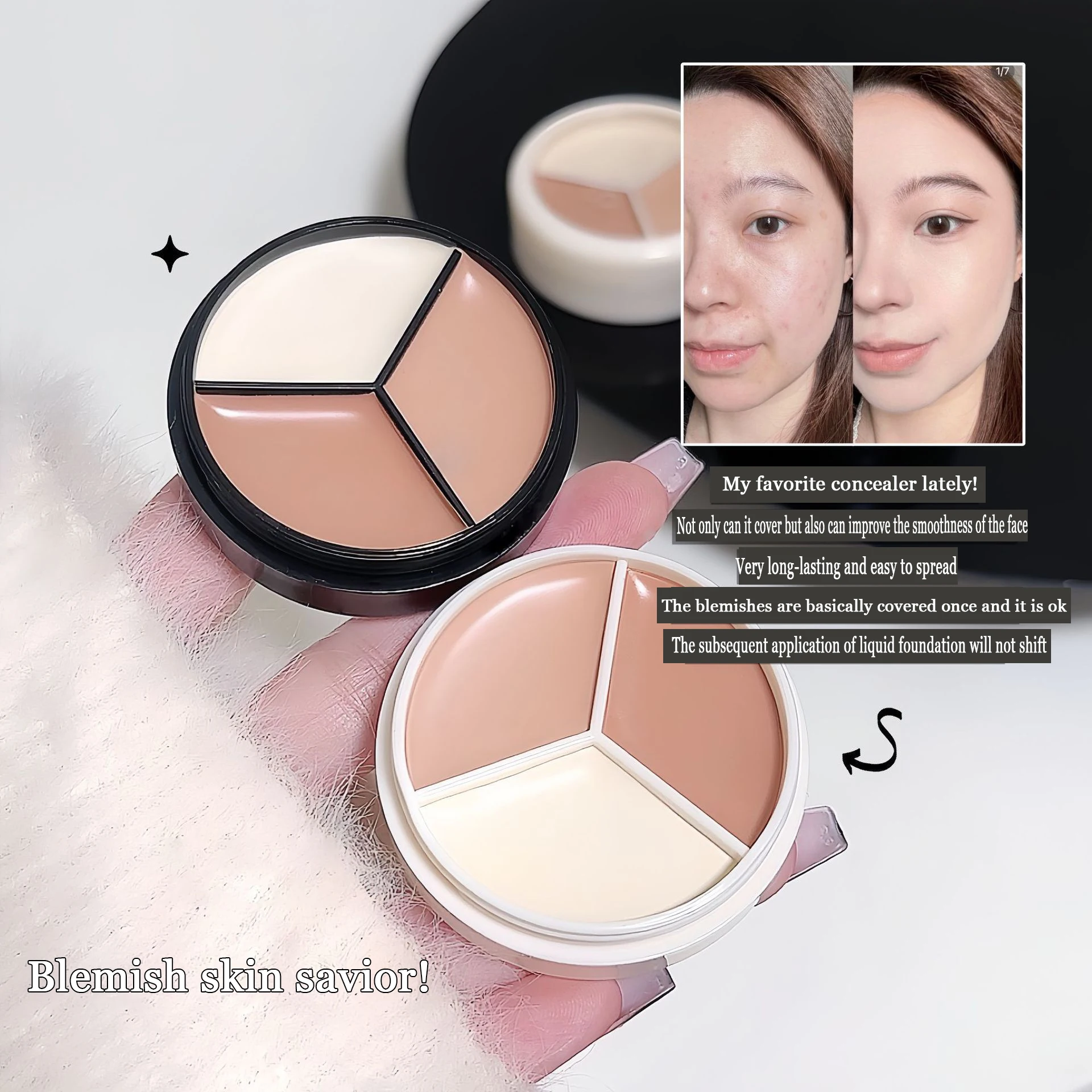 لوحة كريمية 3 في 1 كونسيلر تغطية كاملة للتحكم في الزيوت وتدوم طويلاً للبقع الداكنة والمرح والمسام التمهيدي ومستحضرات التجميل