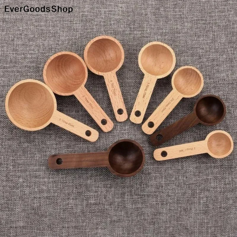 New1Pcs 7.5 To 45ML Portable Beech Walnut Wooden Measuring Spoon Multipurpose Coffee Tea Sugar Kitchen Gadget
