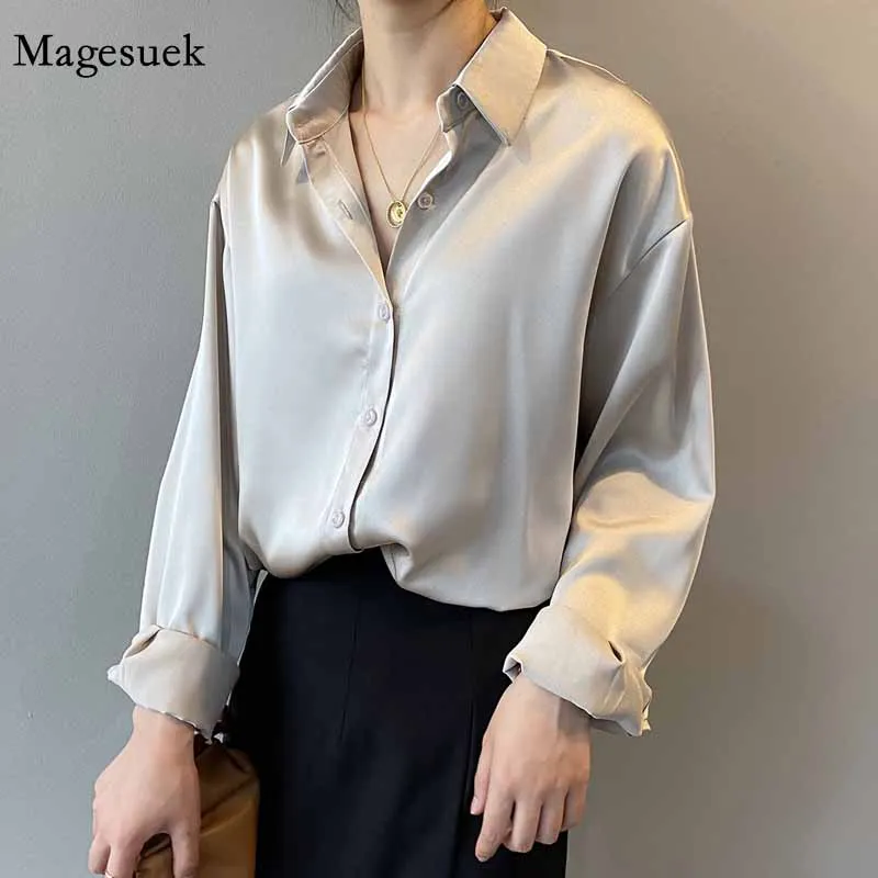 New Spring Turn-down Collar Women Shirt White Loose Satin Solid Blouse Women Tops Casual Button Silk Shirt Woman Blusas 11355