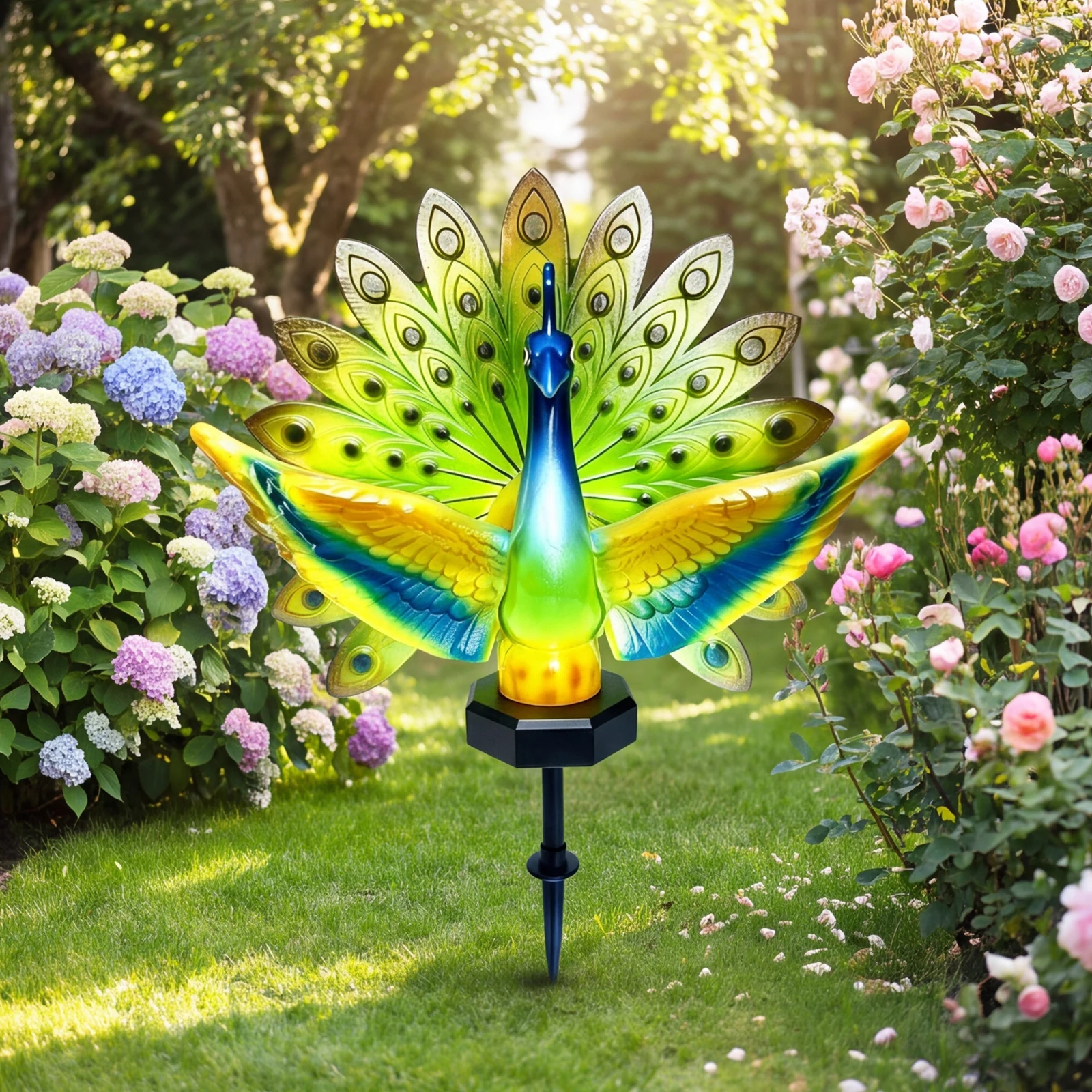 Outdoor Peacock Garden Stake Sculpture Solar LED Warm Glow Light Yard Lawn Decor Ornament
