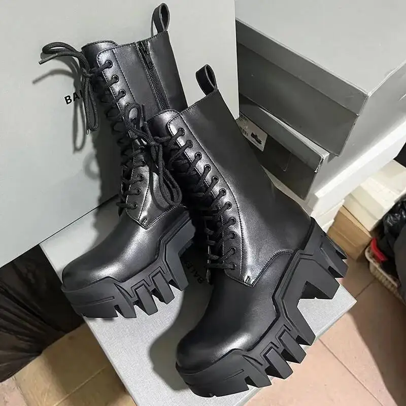 Metal Thick Bottom Mid Calf Boots Dark Rock Punk Belt Buckle Round Toe Height Increase Lace-up Zipper Fashion Women Shoes Newest