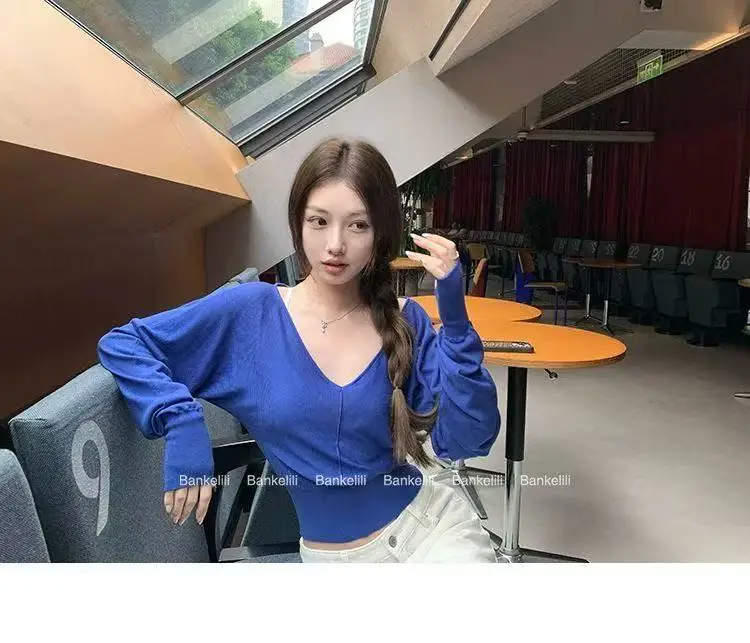 Real Shot Damen-Strickoberteil mit V-Ausschnitt und Fledermausärmeln, 100 % leicht, elegante Bluse, lässige Slim-Fit-Alltagskleidung für Damen