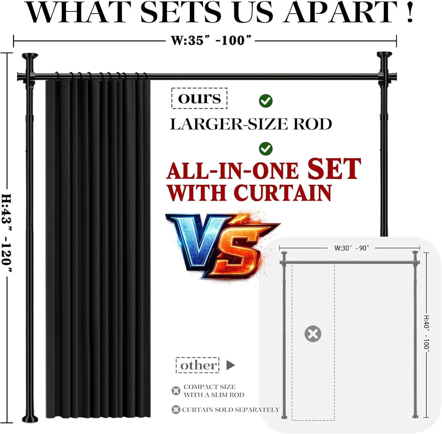 Black 100W 96L 1 Pack No Drilling Curtain Rod Set Room Divider Curtain Partition Bedroom Wall