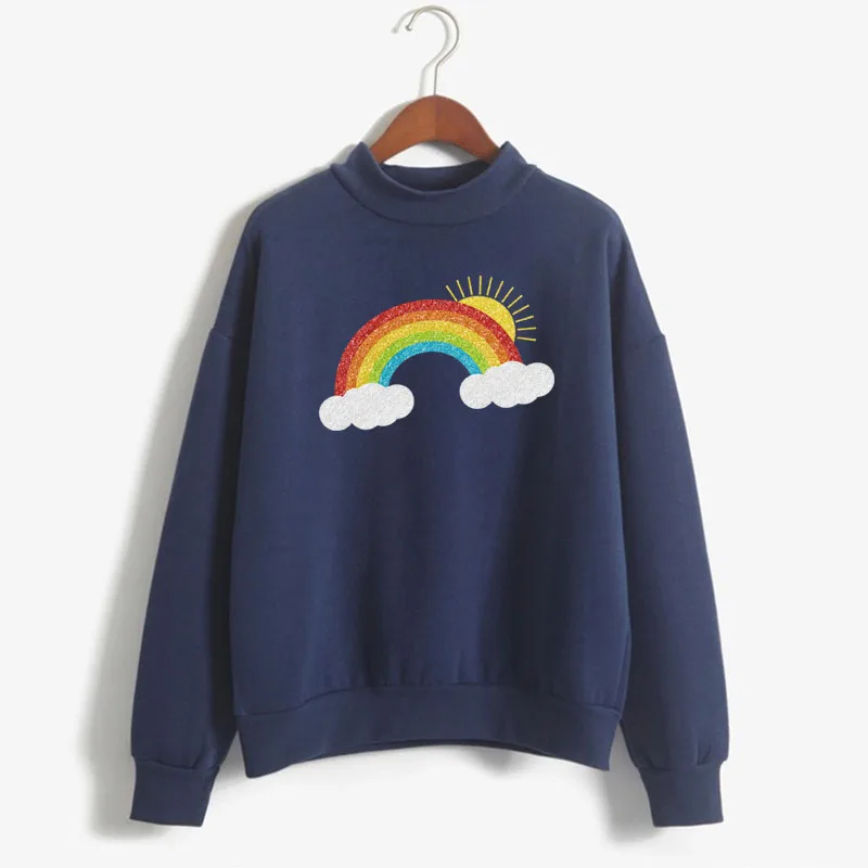 

Rainbow graphic Print Women Sweatshirt Sweet Korean O-neck Knitted Pullover Thick Autumn Winter Candy Color Loose Lady Clothing