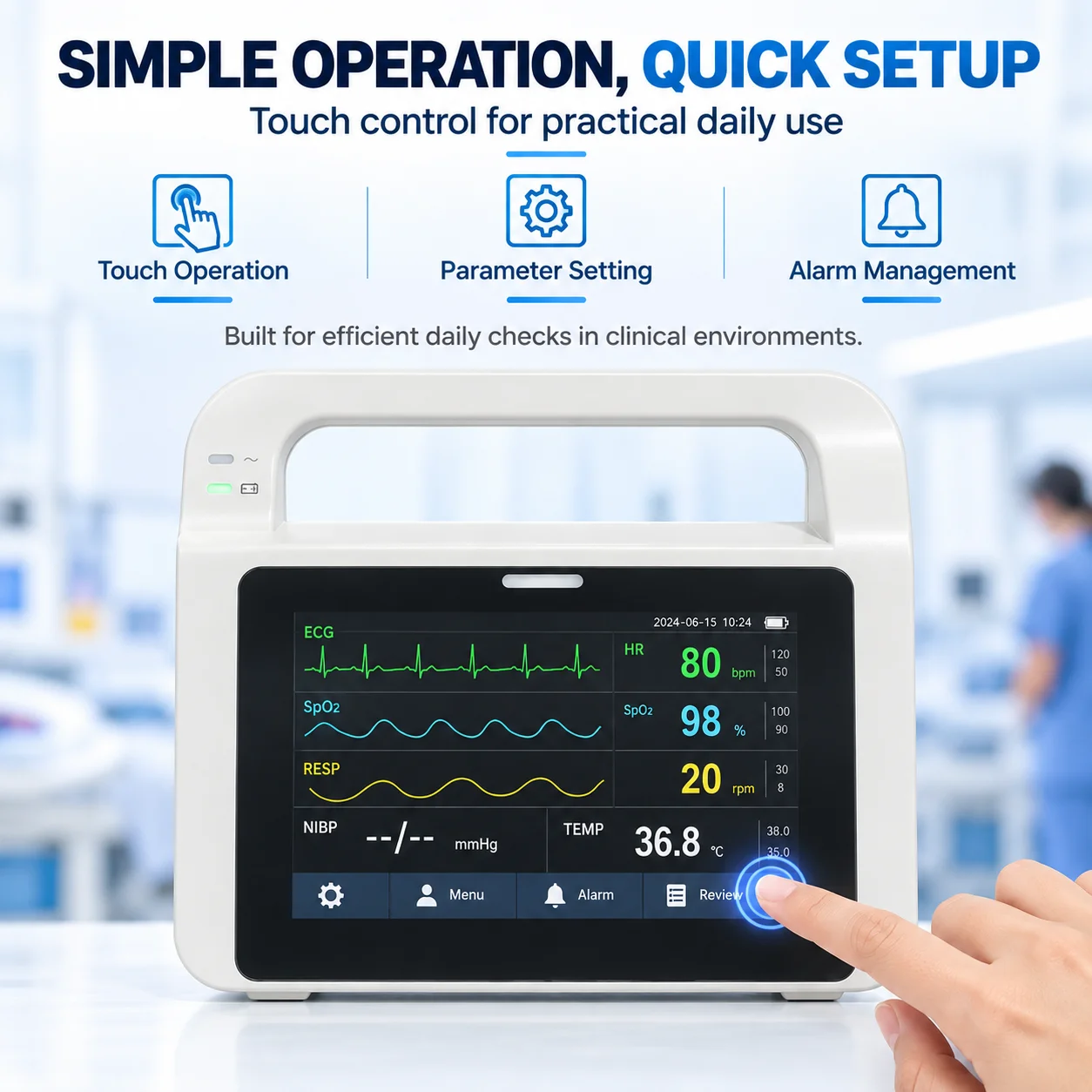 Resoxy E5 Multi Parameter Patient Monitor ECG SpO2 NIBP RESP TEMP Vital Signs Monitor 5 Inch Touch Screen Portable Device