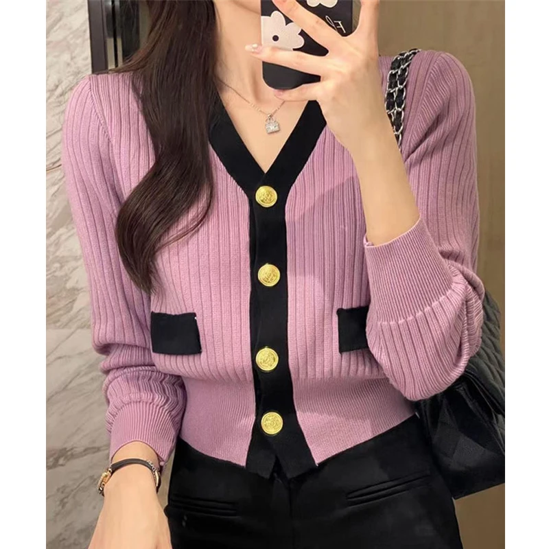 Women Korean Fashion Patchwork Chic Elegant Single Breasted Knitted Cardigan Autumn Female V Neck Long Sleeve Slim Sweater Coats