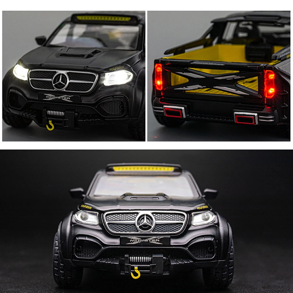 1:28 Alloy X-Class 6X6 Model Off-road Car Toys Metal Diecast Miniature Pickup Doors Opened Sound Light Pull Back Model Ornament