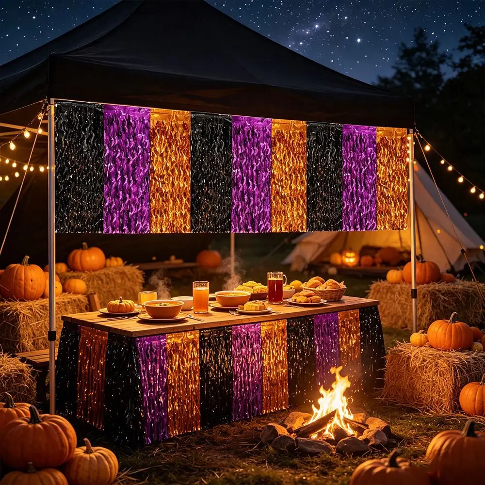 Black Purple Orange Halloween Table Skirt Waving Gradient PET Decorative Table Skirt Metallic Tinsel Foil Fringe Table Skirt