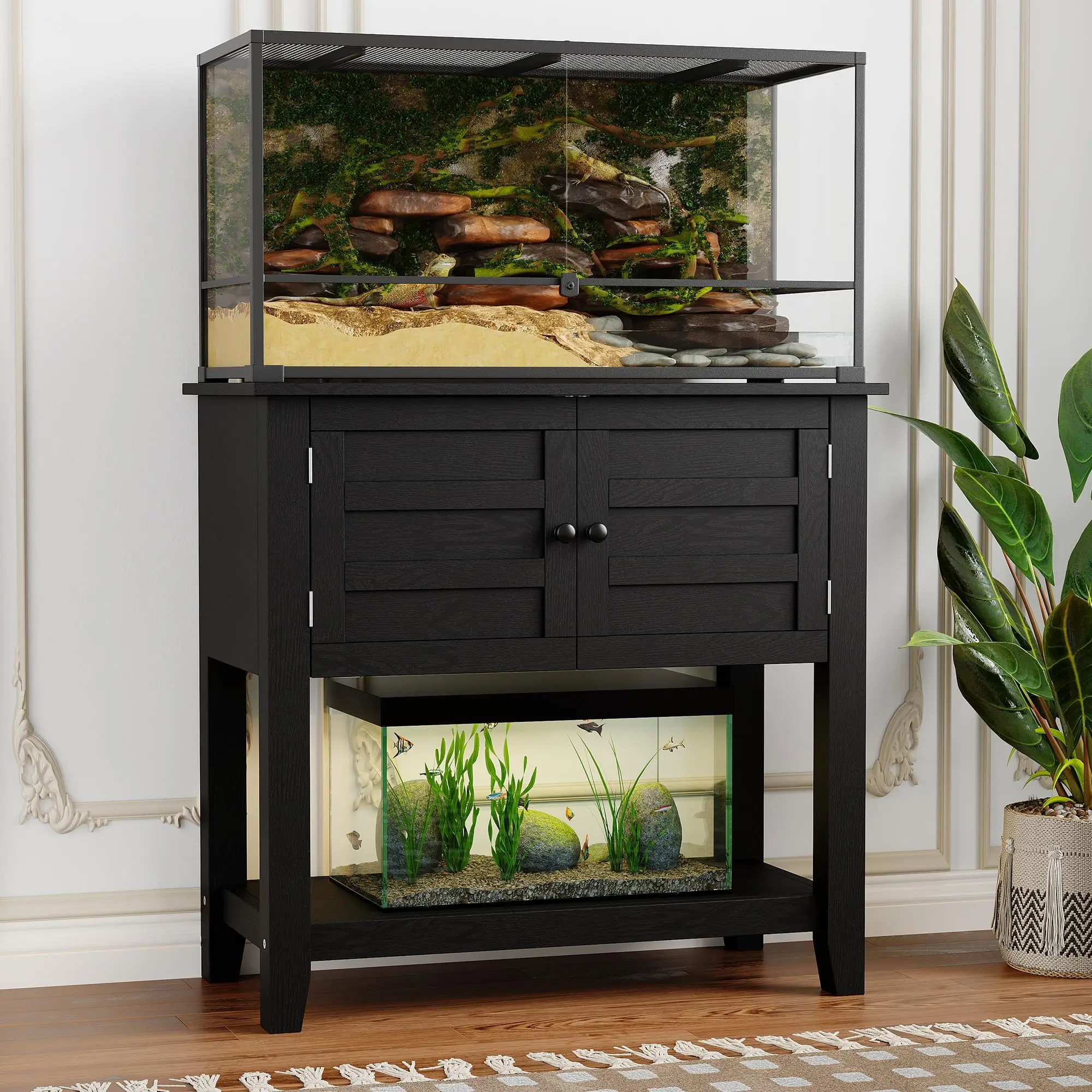 Heavy-Duty Aquarium Stand Cabinet with Built-in Charging Station, Black