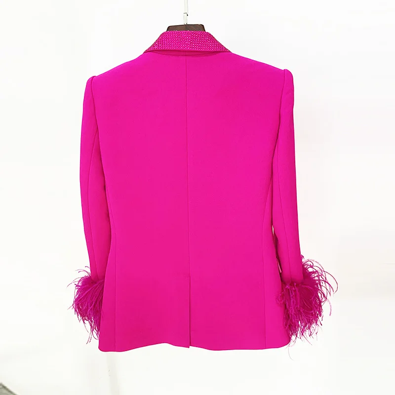 Brand Newest 2024 Designer Jacket Women's Natural Feathers Embellished Diamonds Single Button Beaded Blazer