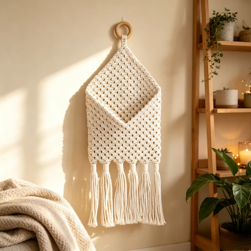 Boho Cotton Macrame Storage Wall Hanging Hand Woven Pocket Organizer Tapestry Fringe Wall Decor for Home Apartment