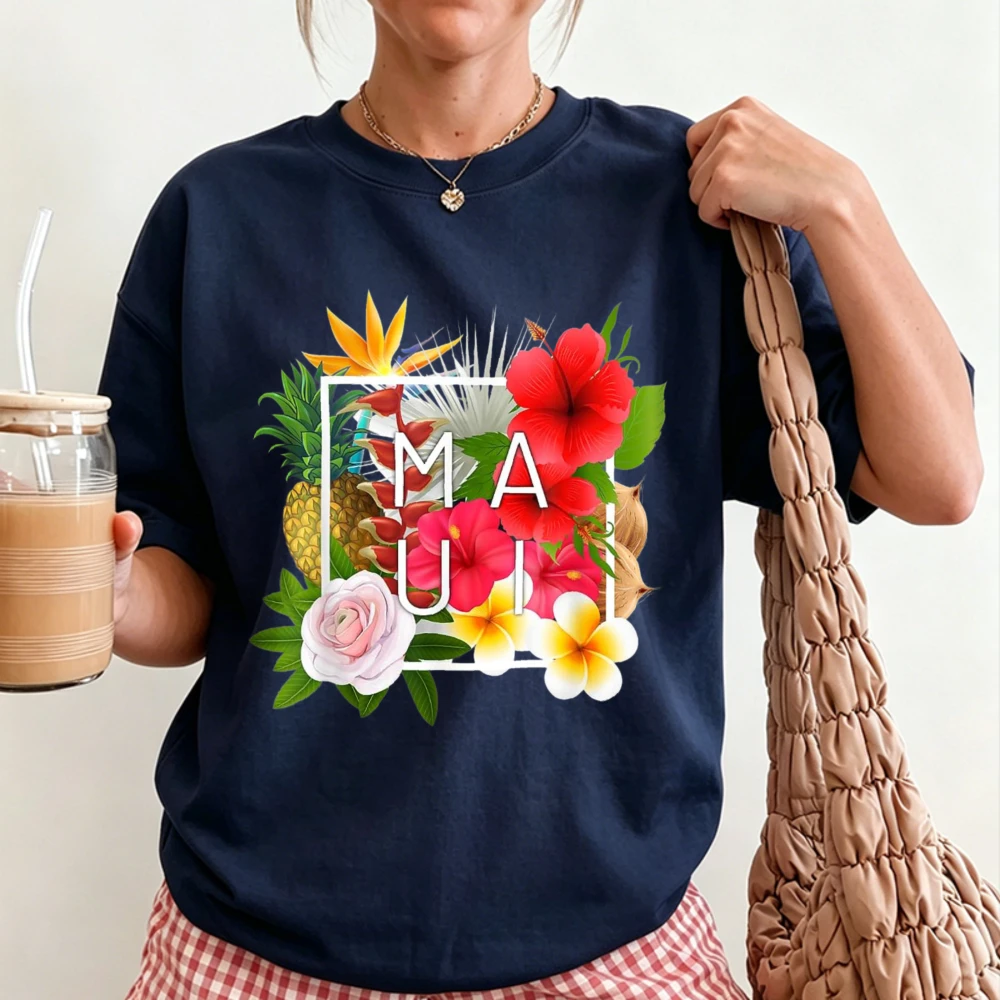 Women Cotton Tshirt MAUI Hawaii Hibiscus Plumeria Pineapple Tropical Floral Square Frame Print Summer Vacation Travel Casual Tee
