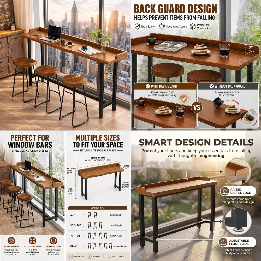 

Edge Bar Table with Guardrail, 2 Thick Solid Wood Long Narrow High Top Table, Industrial Counter Height Pub Table, Breakfast Ta