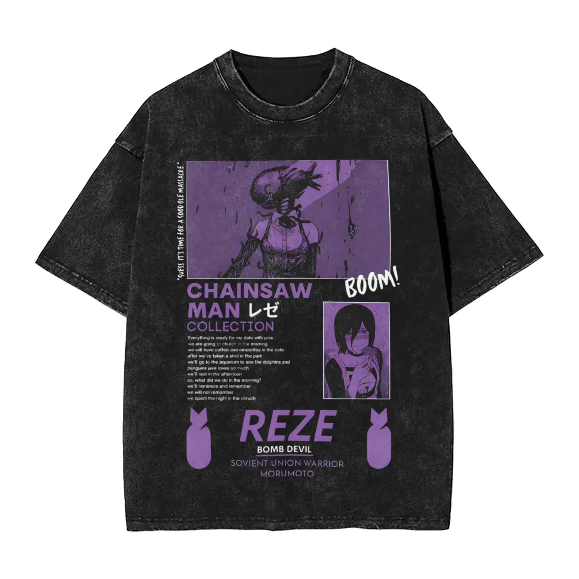 اليابان جديد أنيمي فيلم بالمنشار رجل Reze غسلها تي شيرت مطبوع الشارع الشهير الهيب هوب خمر نمط قنابل الشيطان الرجال النساء القطن تيز