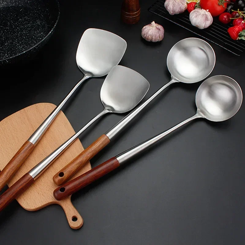 304 Stainless Steel Spatula Spoon With Wooden Handle Lengthened Cooking Spoon Anti-Scalding Cooking Shovel Kitchenware