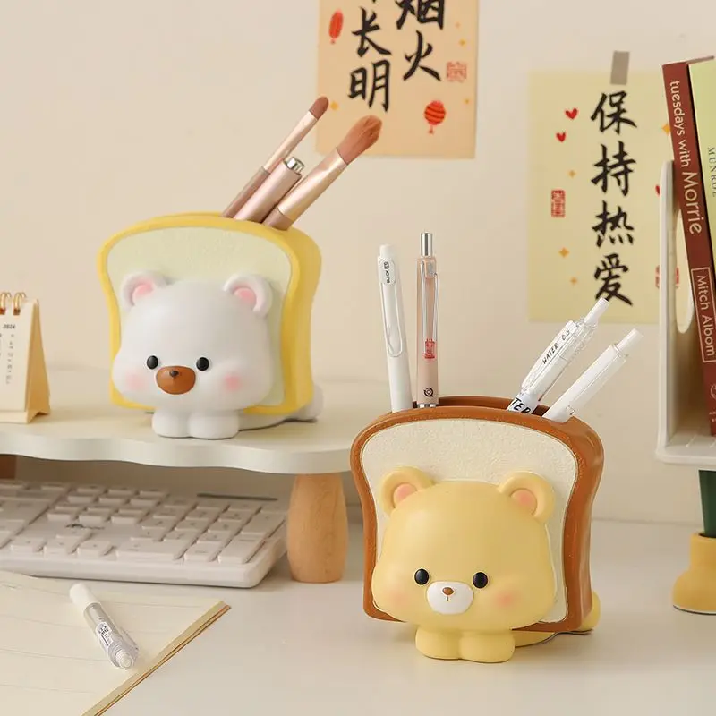 Cute Toast Pen Holder Makeup Brush Organizer Desktop Storage Box Bear Healing Decompression Gifts Kawaii Desk Accessories