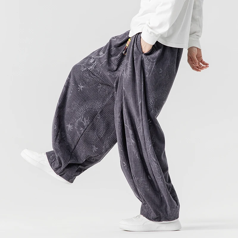 

Men Casual Harlan Pants Autumn Winter Men Dragon Pattern Embroidery Pants 2026 New Men Corduroy Wide Leg Pants Lantern Trousers