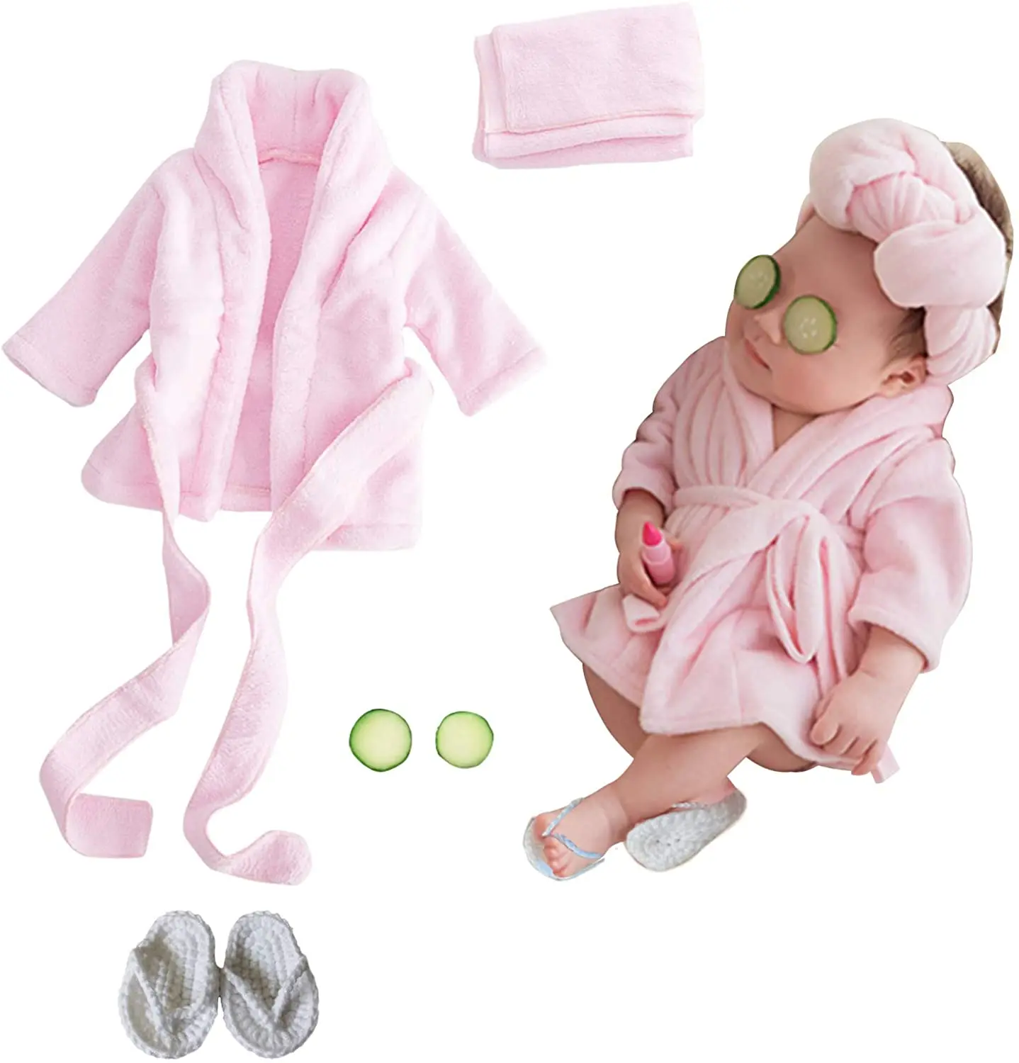 

Newborn Photography Props Baby Girl 5 PCS Bathrobes Bath Towel Outfit with Slippers Cucumber Photo Props for Infant Boys Girls