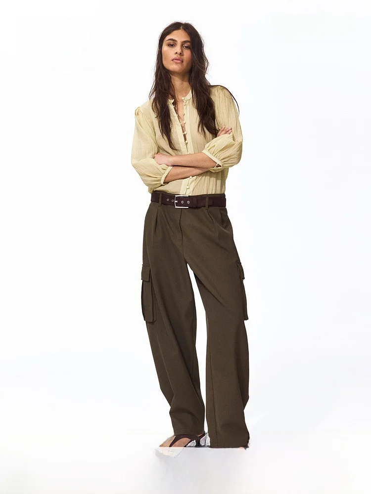 

H&M Women's Shirt Lantern Sleeve Outing Casual Style Nylon Fabric Button Detail Seven Sleeve Length Stand Collar Spring 2026
