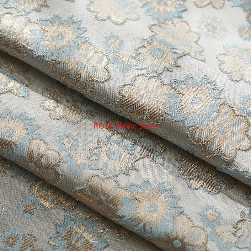1 Meter Gold Thread Small Floral Jacquard Fabric Blue Gold Handmade Luggage Bag Clothing Diy Sewing Fabric