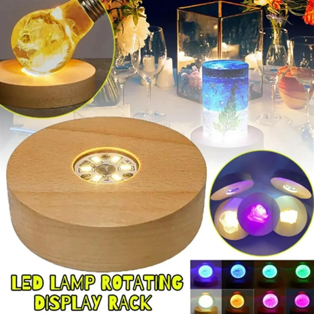 3D Crystal Glass LED Night Light with Wooden Rotating Base, USB Rechargeable Resin Art Ornament, Decorative Lamp for