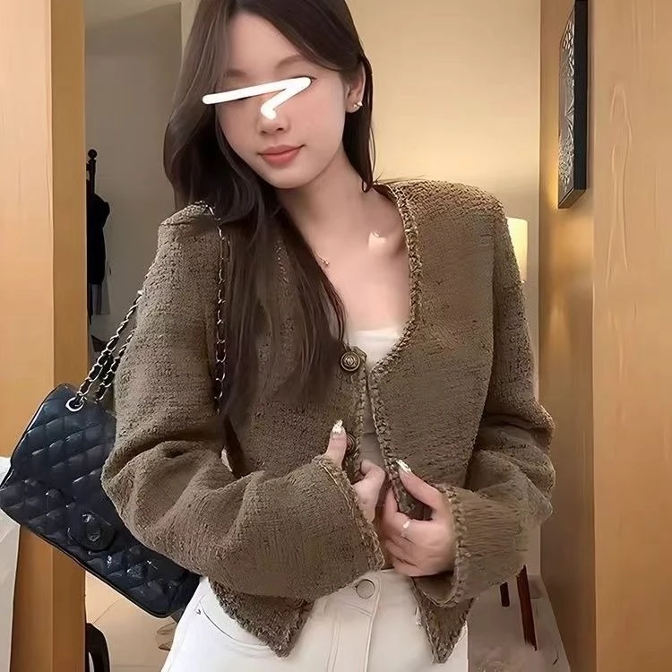 

Французские светские элегантные короткие твидовые куртки для женщин, весенне-осенние новые высококачественные тонкие короткие пальто цвета хаки, женские топы