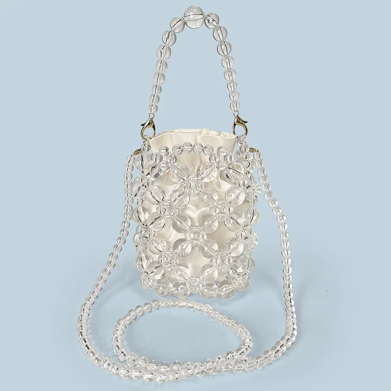 New transparent irregular hand woven crystal bead pearl banquet phone bag, crossbody water bucket small bag