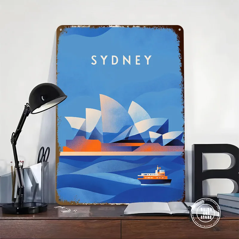Sydney Opera House Travel Printed Poster Customized Wall Art Retro Vintage Metal Tin Signs for Bedroom Decoration Aesthetic Home