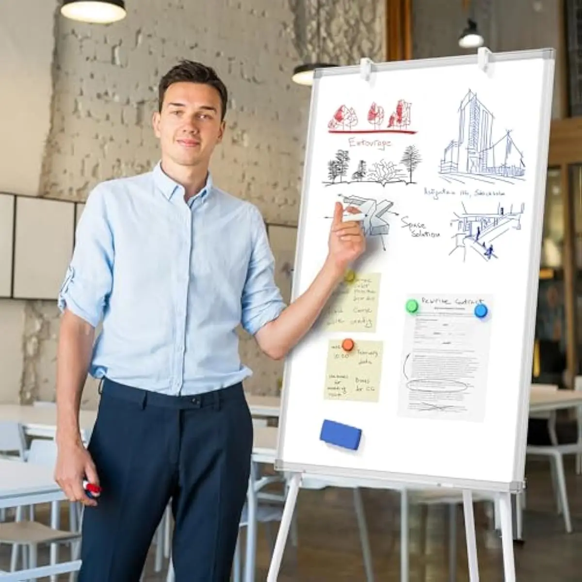 Sturdy Aluminum Tripod Easel with Magnetic Dry Erase Surface, 36 X 24 Inch Portable Freestanding Board, Height Adjustable from 3