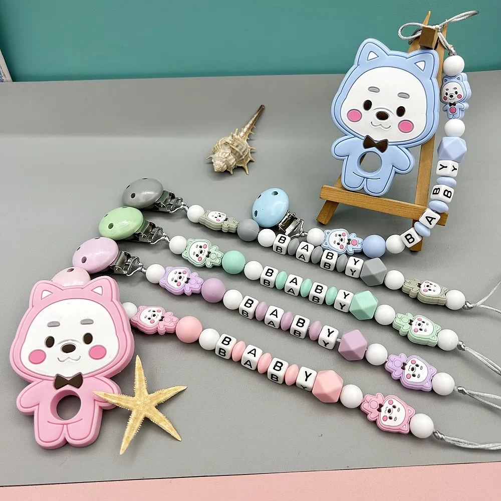 Custom English Russian Letter Name Silicone Pig Pacifier Clip Chain Holder Teether Pendant for Baby Pacifier Kawaii Teether Gift