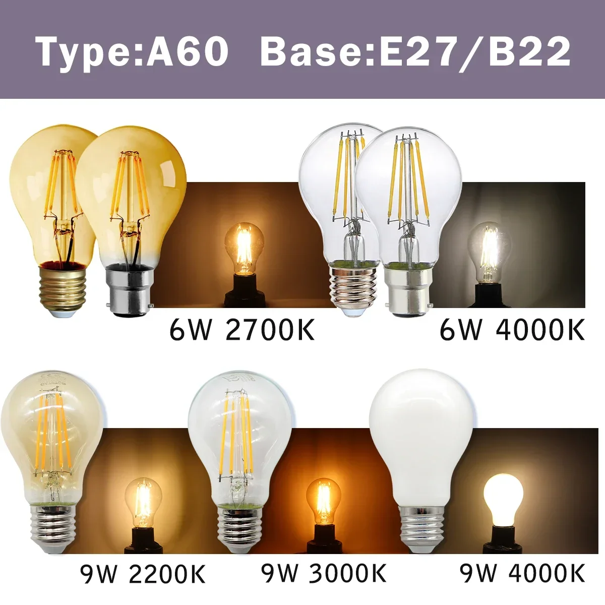 8pcs Led Edison Filament Bulb E27 B22 E14 C35 A60 ST64 220V240V Vintage 2700K 4000K Warm Glass Lamp Lighting Indoor Living