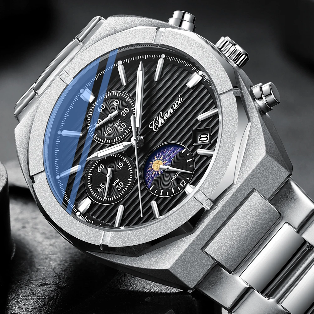 

CHENXI мужские спортивные кварцевые хронографы из нержавеющей стали водостойкий светящийся календарь мужские наручные часы с фазой Луны удобные часы