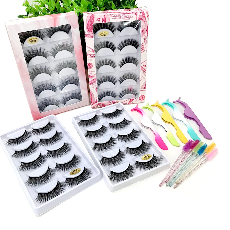 Wholesale 5 Pairs 3D False Eyelashes in Pink Marble Money Paper Box with Tweezers Lash Brushes