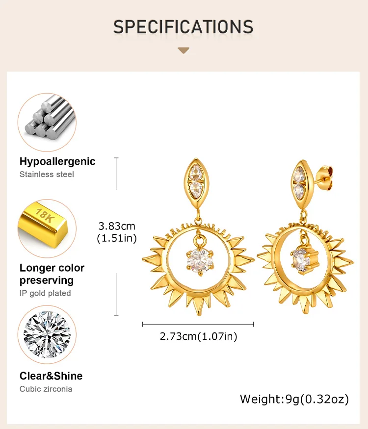 Zirkonia-Charm Sonnen-Tropfen-Ohrringe für Frauen Edelstahl Zarte Himmlische Ästhetik Schmuck Hypoallergen – Detail 3