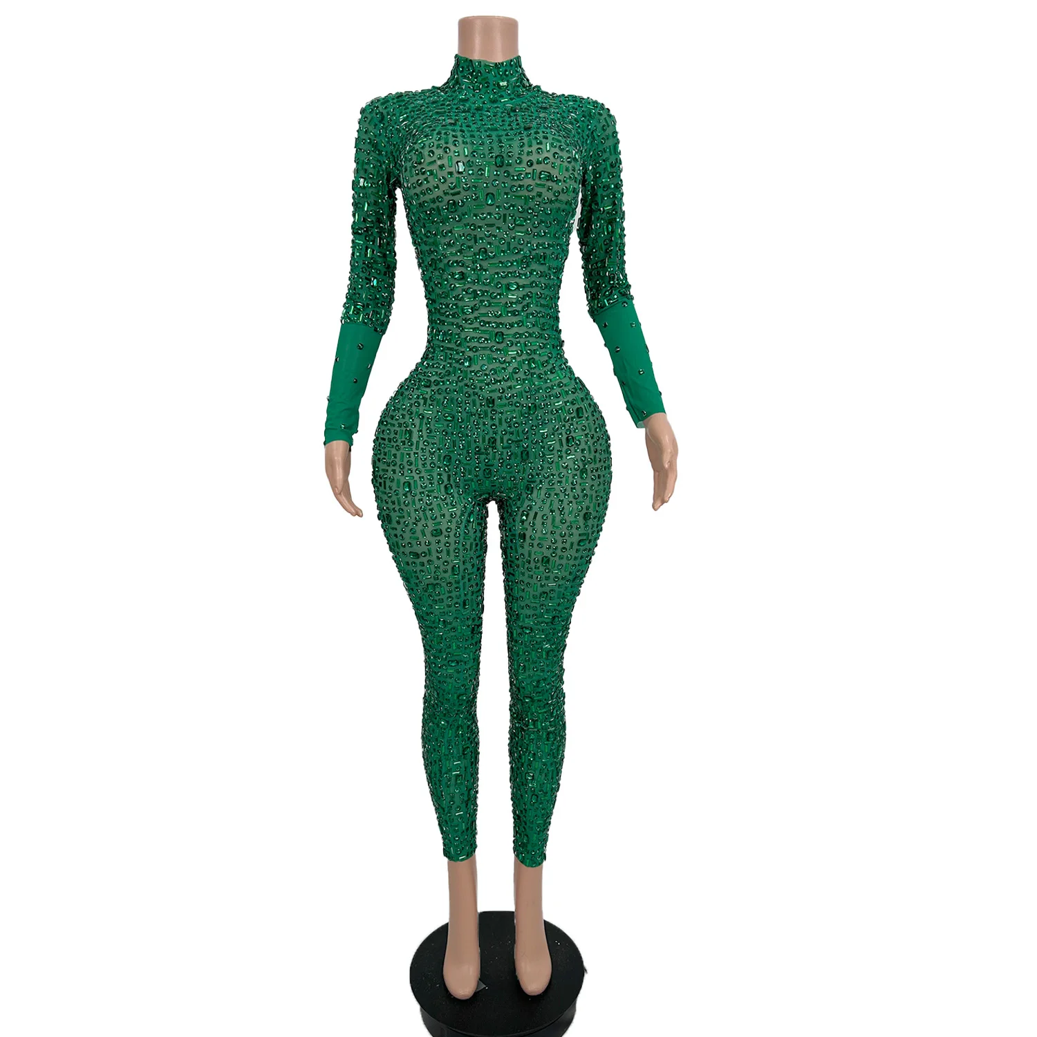 Sparkling Green Rhinestone Jumpsuit Gymnastics Acrobats Dancers Performance Costumes Nightclubs Clubs Holiday Party Dresses lvbe