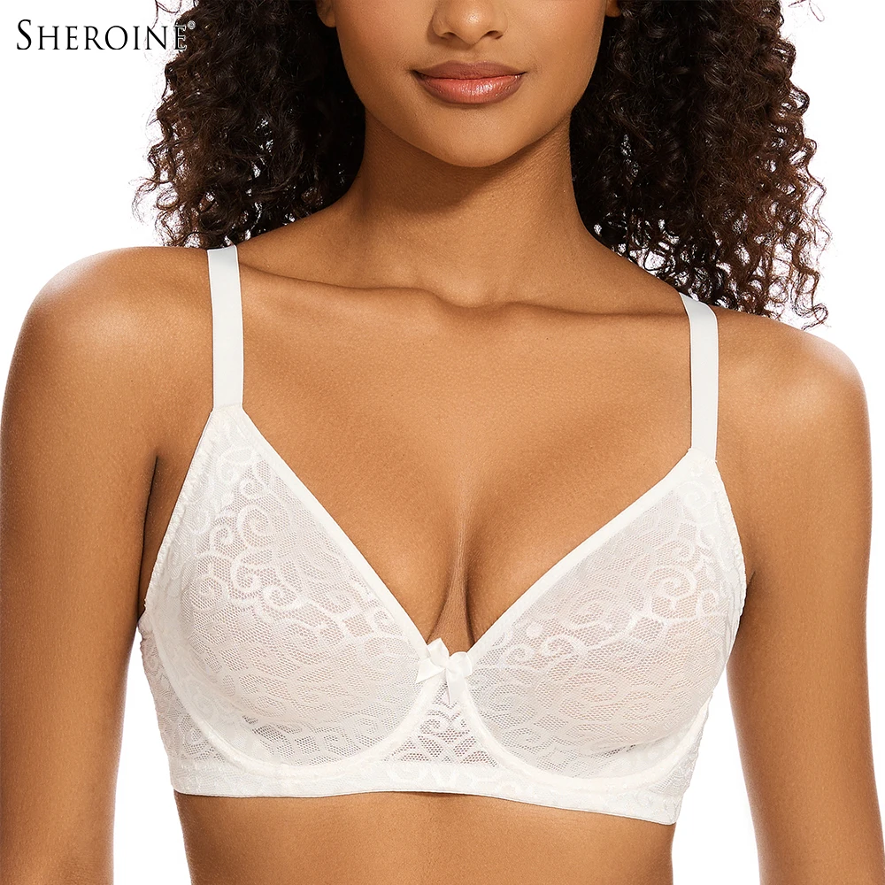 

Sheroine Plus Size Minimizer Bra Full Coverage Underwire Plunge Bra with Floral Lace Mesh for Big Breast Support & Comfort
